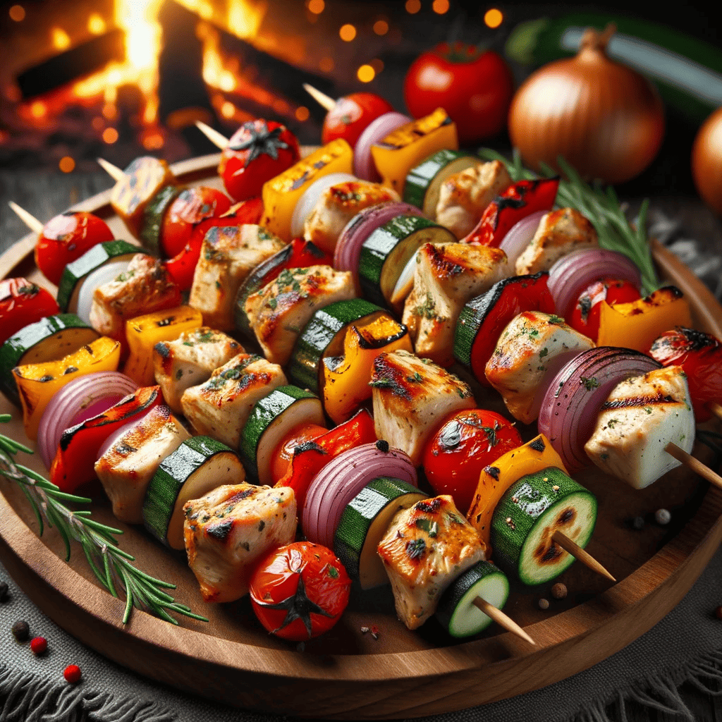 grilled skewers with cubed chicken, bell peppers, onions, zucchini, and cherry tomatoes, all seasoned with herbs, and displayed on a wooden plate