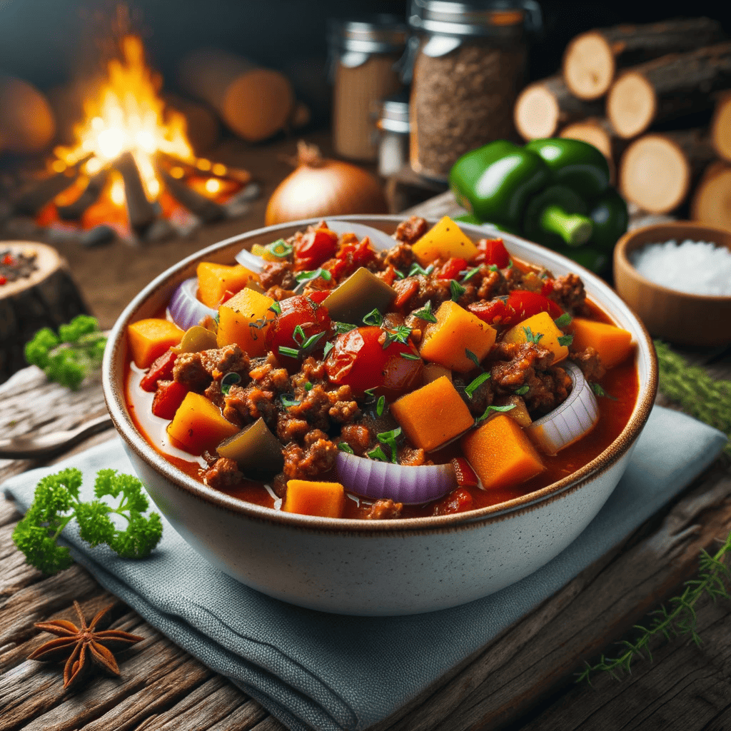 paleo-chili-made-with-ground-beef-diced-tomatoes-bell-peppers-onions-and-sweet-potatoes-garnished-with-fresh-herbs