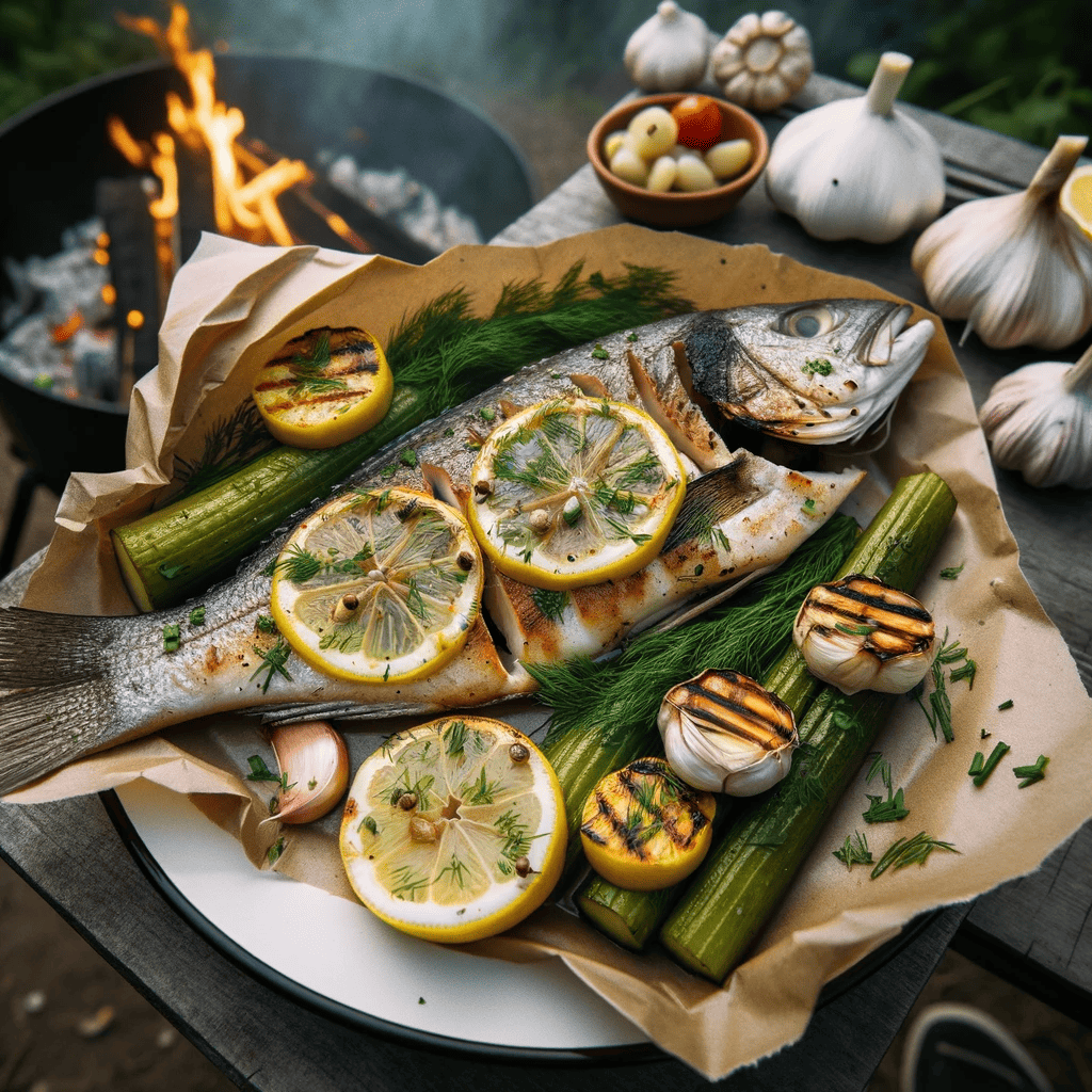 grilled fish packets opened to reveal a well-cooked fish fillet topped with lemon slices, fresh dill, and garlic, presented on a plate with a