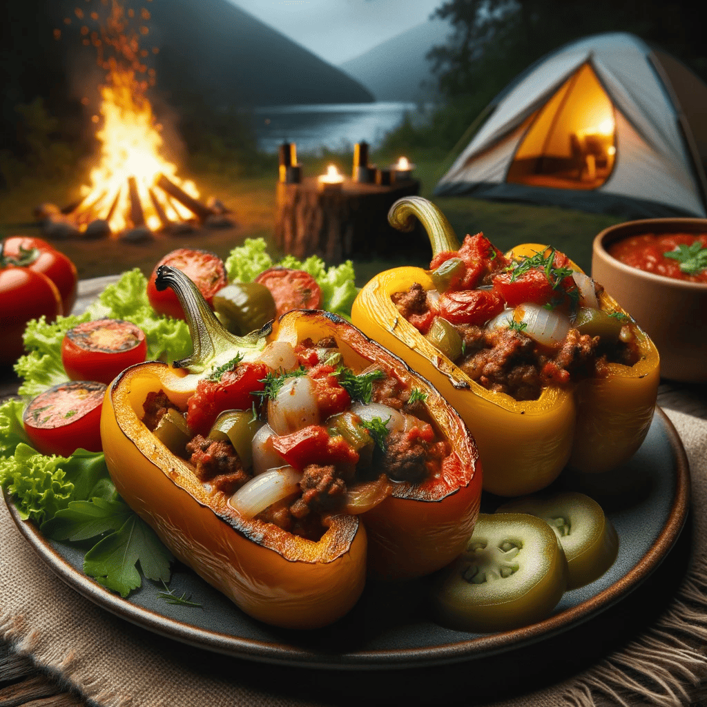 stuffed bell peppers filled with a mixture of ground meat, tomatoes, and onions, cooked over an open flame, presented on a plate with a side