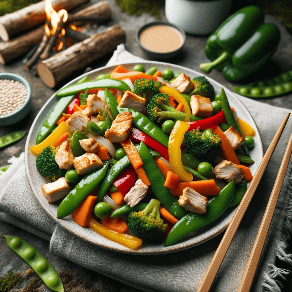 vegetable stir-fry with bell peppers, broccoli, snap peas, and carrots, mixed with chicken strips,