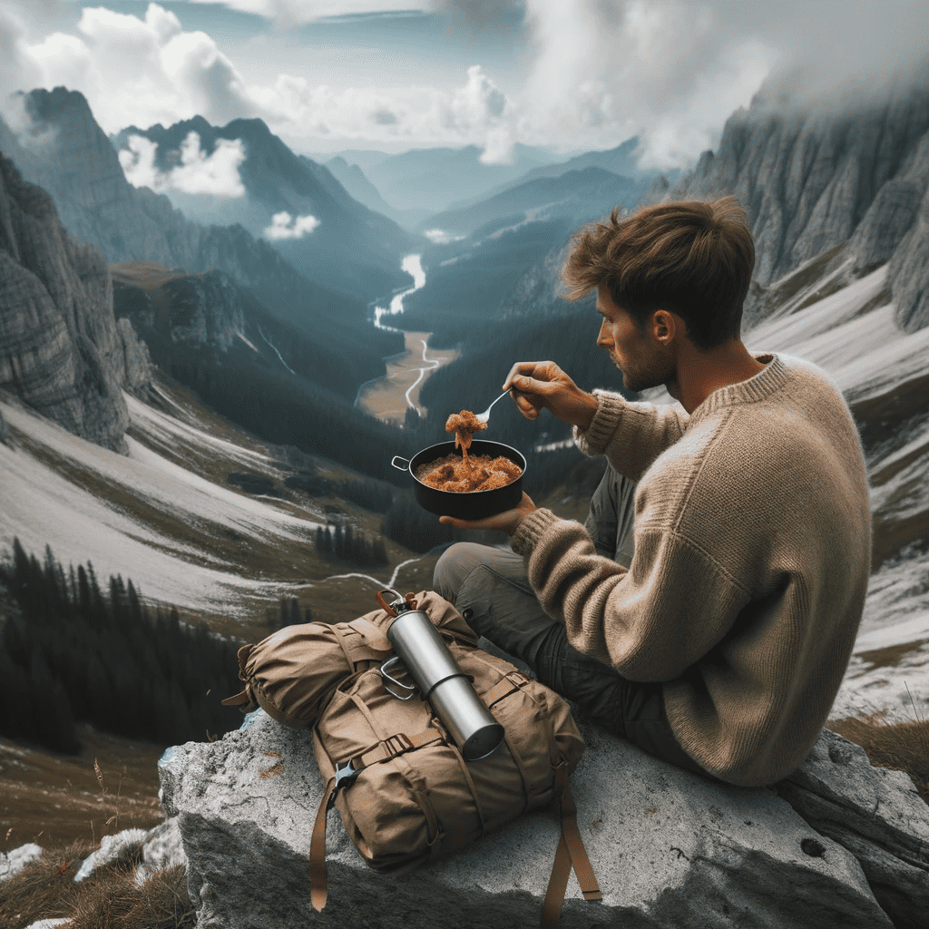 Photo of a hiker sitting on a rock, overlooking a mountainous landscape, holding an open Firepot pouch and eating directly from it with a spork.