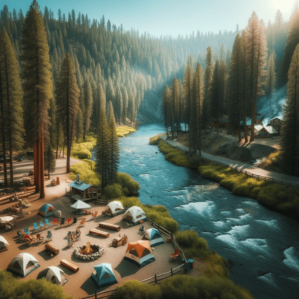 Photo of Lava Hot Springs Campgrounds in Idaho, showcasing a beautiful riverside camping spot with tents and campfires, surrounded by tall green trees