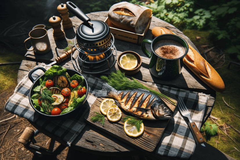 Photo of a camping lunch setup in a forest clearing, with a portable camping stove and a cast iron skillet. On a rustic wooden picnic table, there's a colorful spread of food: freshly caught grilled fish with vibrant lemon slices, a bowl of green salad with a variety of leaves and cherry tomatoes, a plaid cloth wrapped around a crusty baguette, and a dark green enamel mug filled with steaming hot cocoa. Sunlight filters through the tree canopy, casting dynamic shadows on the table, and the textures of the food are detailed and natural, with the salad looking crisp and the fish's skin slightly charred from the grill.