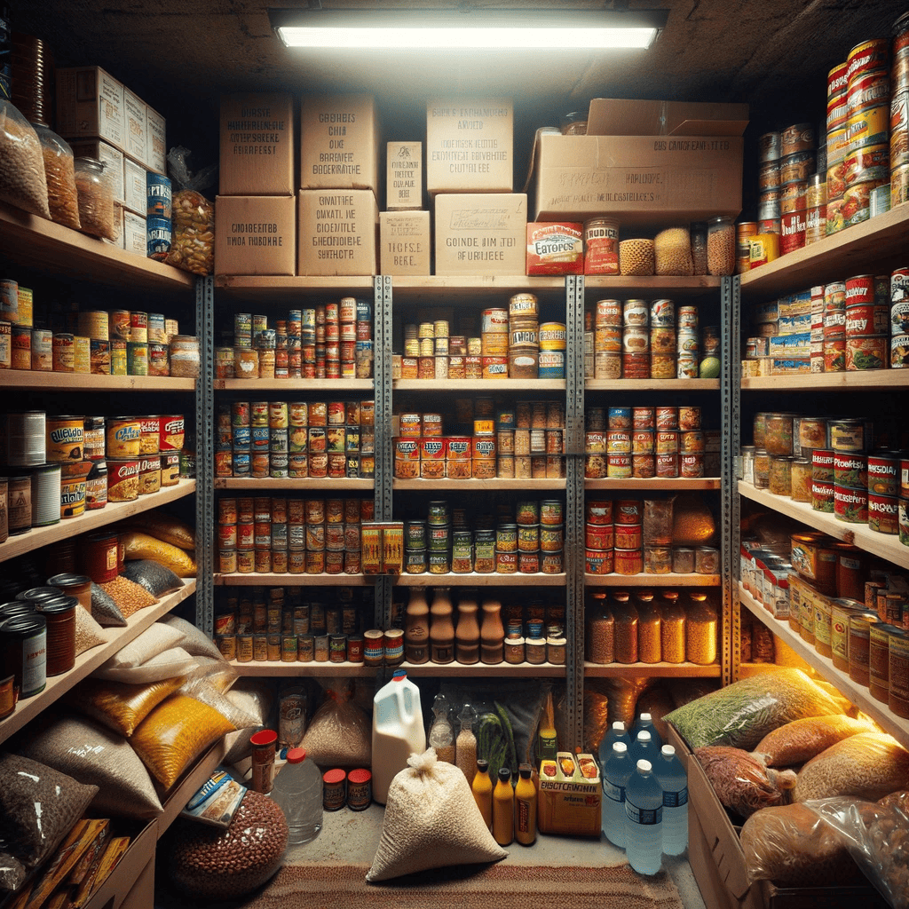 A well-organized underground bunker pantry filled with essential foods for surviving an apocalypse. 