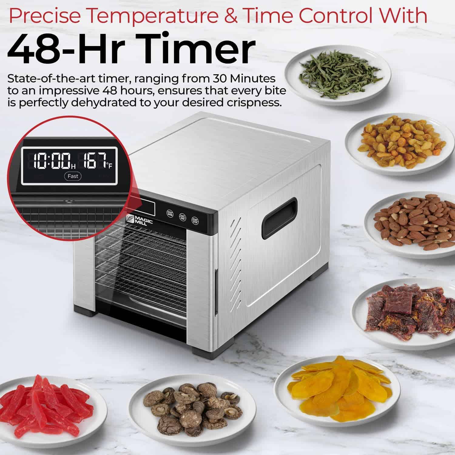 Magic Mill Pro Food Dehydrator Machine surounded by food