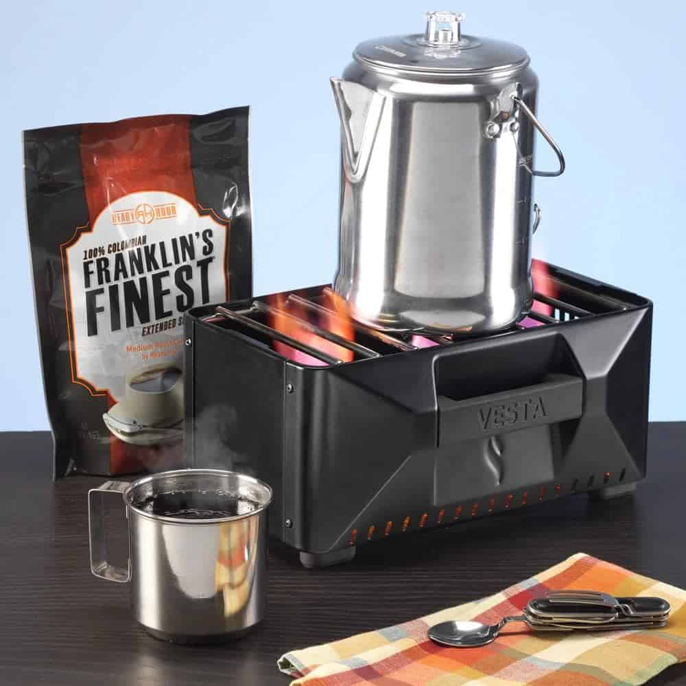 Vesta Camping Heater & Stove with pot of coffee