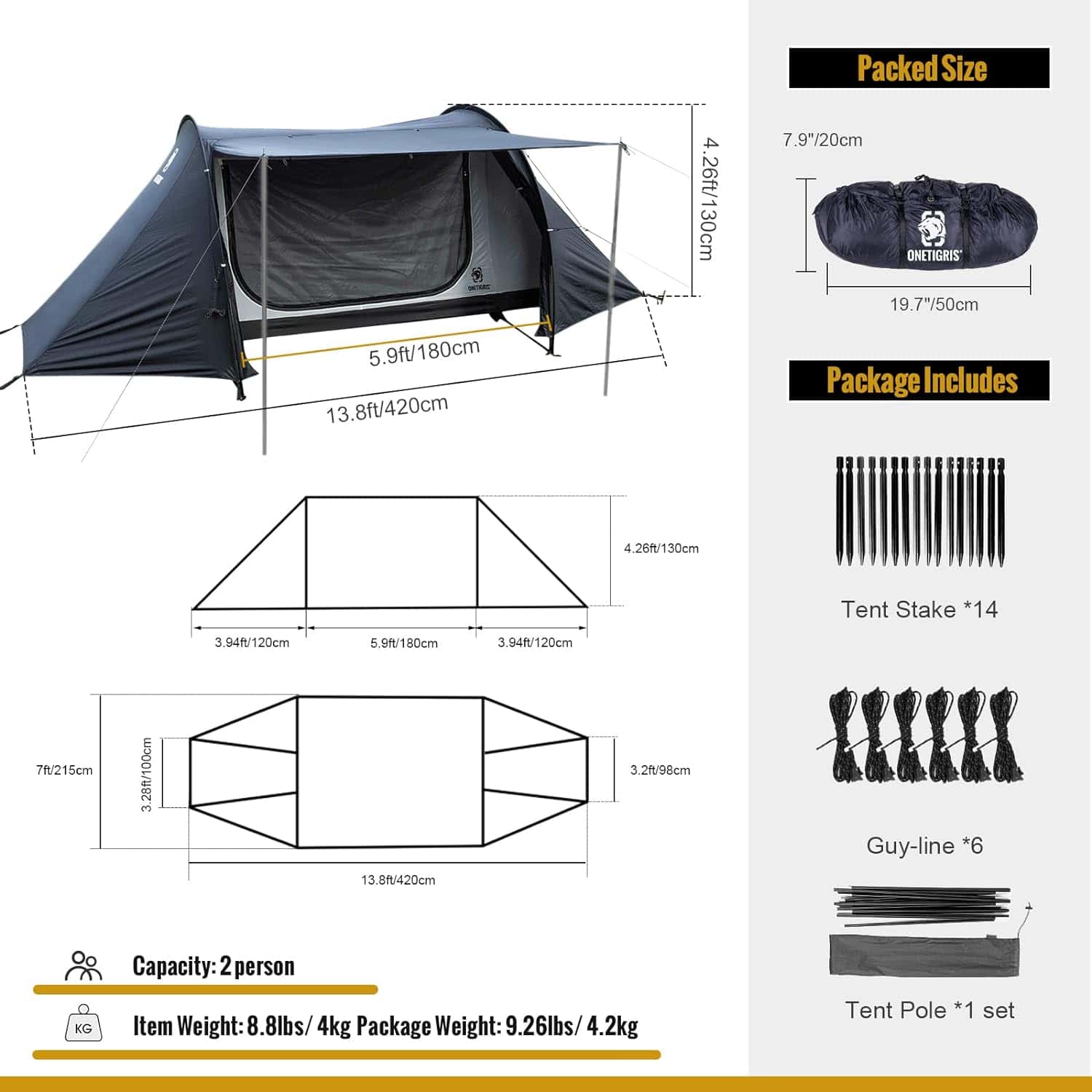 OneTigris COMETA Camping Tent size