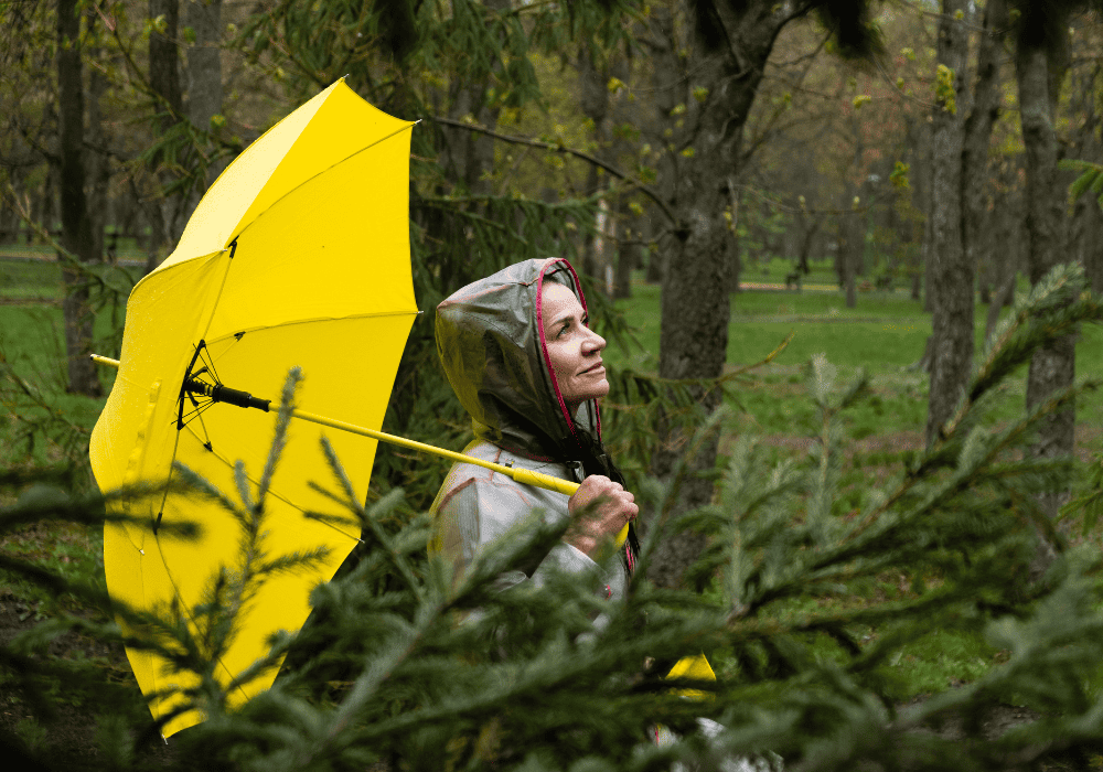 Happy senior woman in yellow rain coat with yellow umbrella walking in park